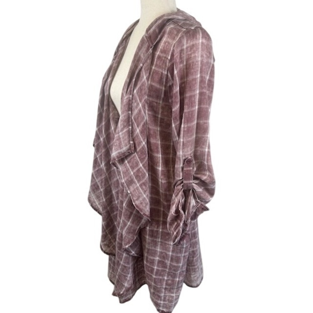 Soft Surroundings Plaid Hooded Ruffle Top Open Long Cardigan Super Comfy Medium